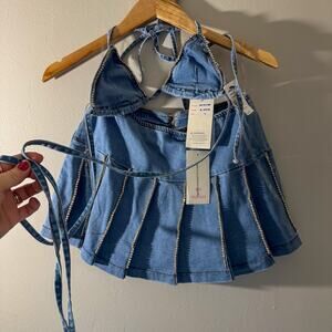 Vintage Lucious Denim Pleated Micro Mini Skirt Y2K Grommet Rhinestone Belted